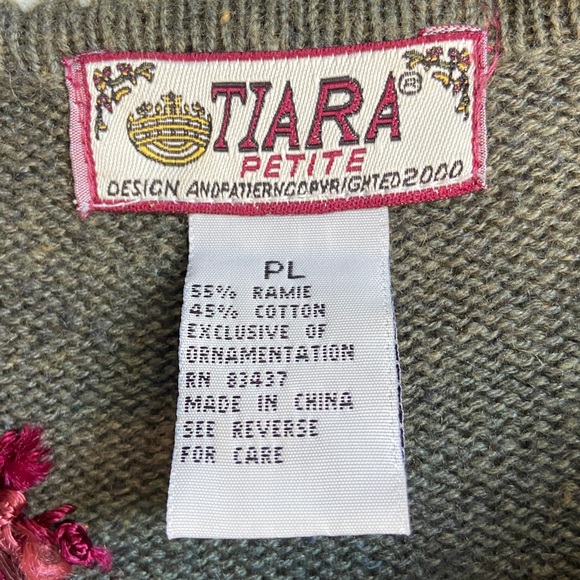 Vintage Tiara Green/Gray Floral Embroidered Cotton/Ramie Cardigan PL - Picture 8 of 14